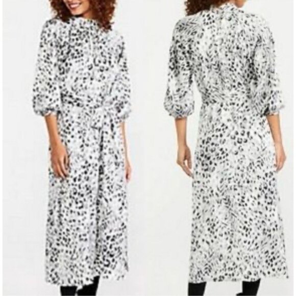 Ann Taylor Maxi Dress 3/4 Long Sleeve L Large Black Gray White Snow Leopard - Picture 1 of 16